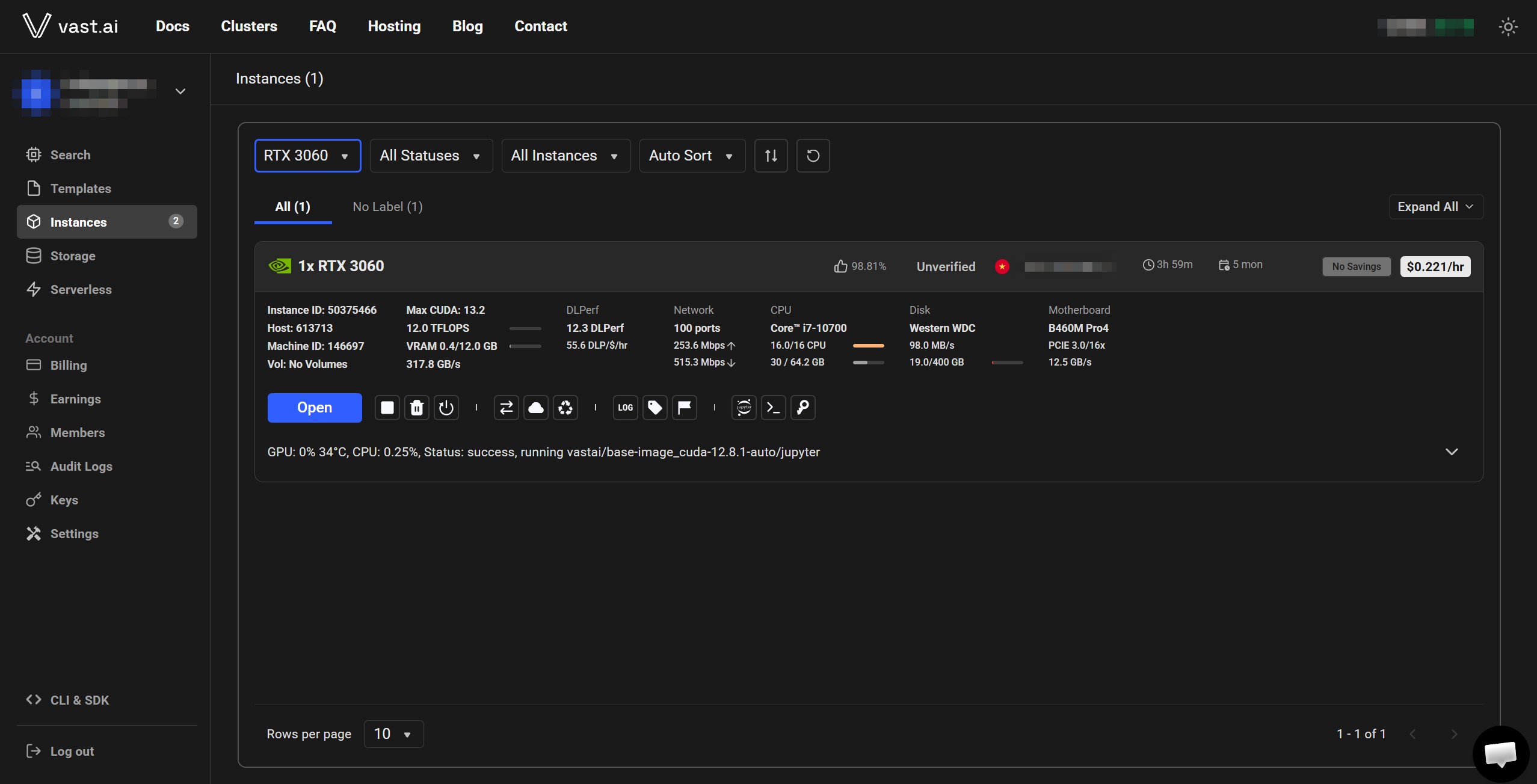 Provider panel for NVIDIA GeForce RTX 3060, instance 50375466